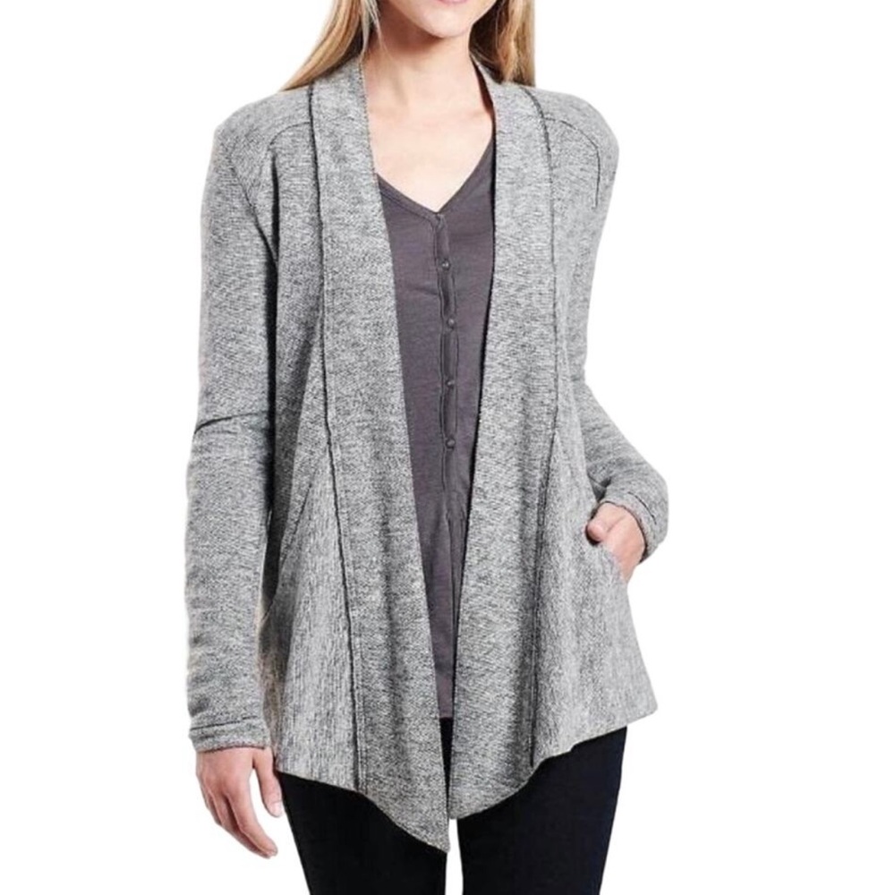 Kuhl Nova Wrap Gray Wool Blend Open Front Raw Seam Cardigan Sweater Sz Large